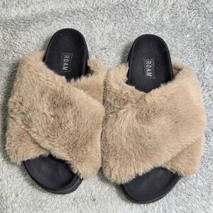 ROAM Cloud Faux Fur Slides Taupe Tan Criss Cross Sandals Slippers Womens 10